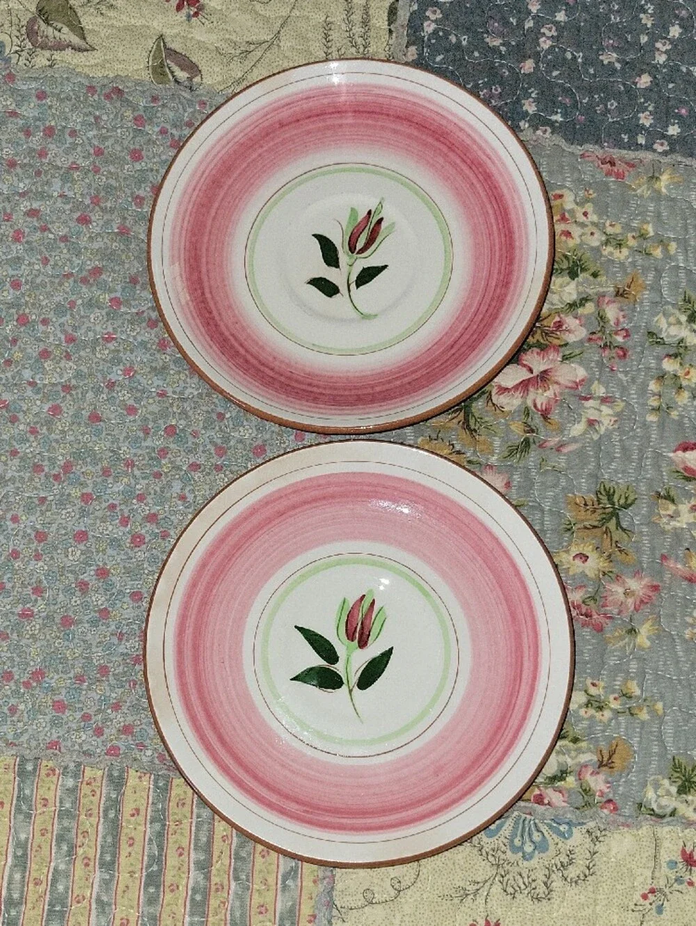Vintage Stangl Pottery Wild Rose Saucer Plates Set of 2 Mid Century Pink Green